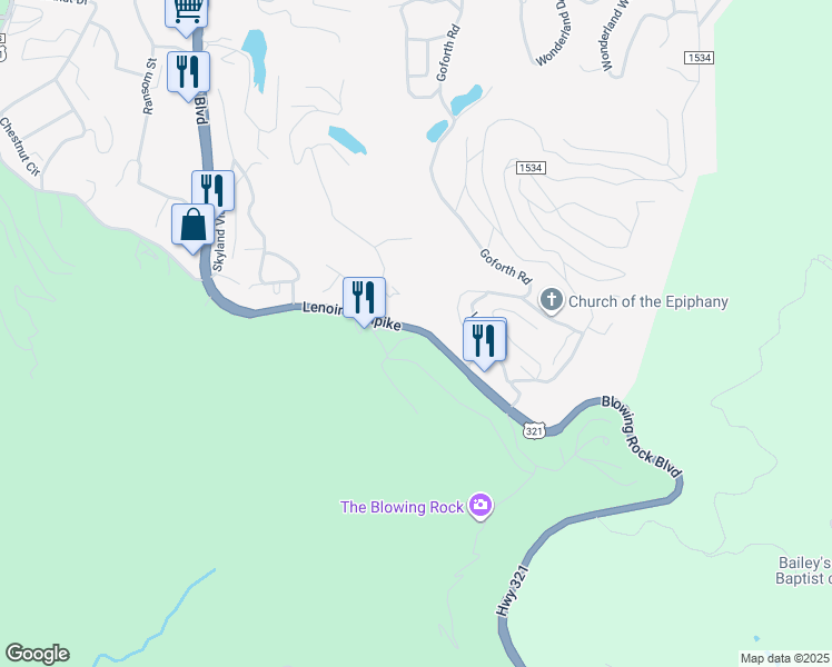 map of restaurants, bars, coffee shops, grocery stores, and more near 175 Cliff Lane in Blowing Rock
