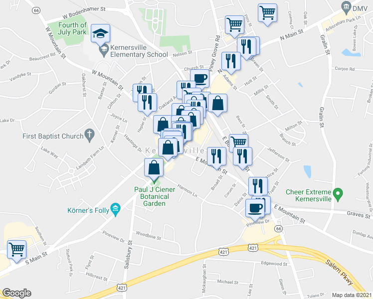 map of restaurants, bars, coffee shops, grocery stores, and more near 109 East Mountain Street in Kernersville