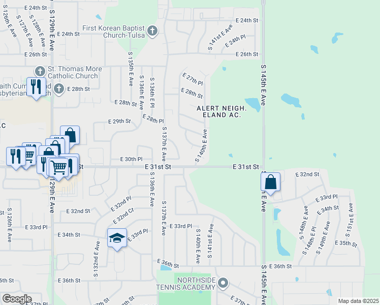 map of restaurants, bars, coffee shops, grocery stores, and more near 13806 East 30th Street in Tulsa