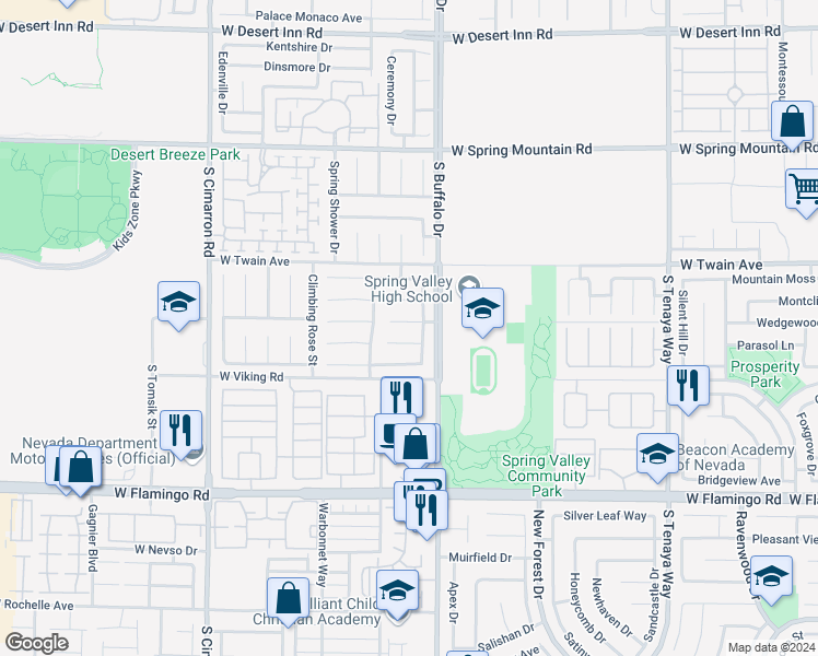 map of restaurants, bars, coffee shops, grocery stores, and more near 7851 Firefalls Drive in Las Vegas