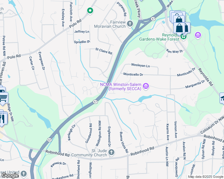 map of restaurants, bars, coffee shops, grocery stores, and more near 2965 Wesleyan Lane in Winston-Salem