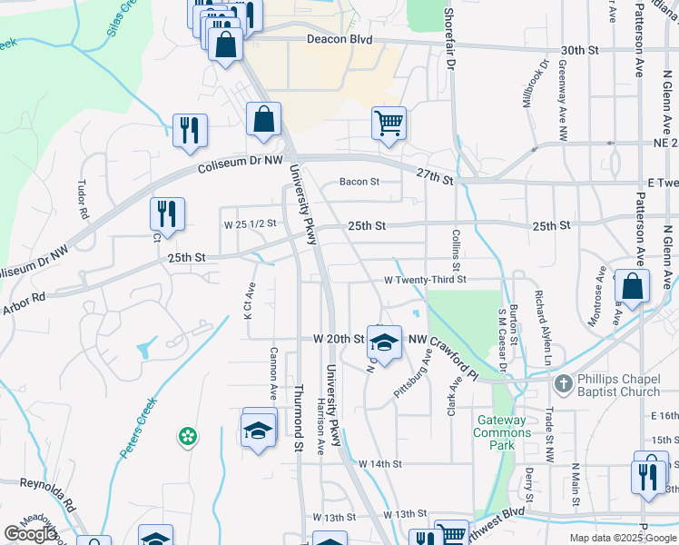 map of restaurants, bars, coffee shops, grocery stores, and more near 603 West 23rd Street in Winston-Salem