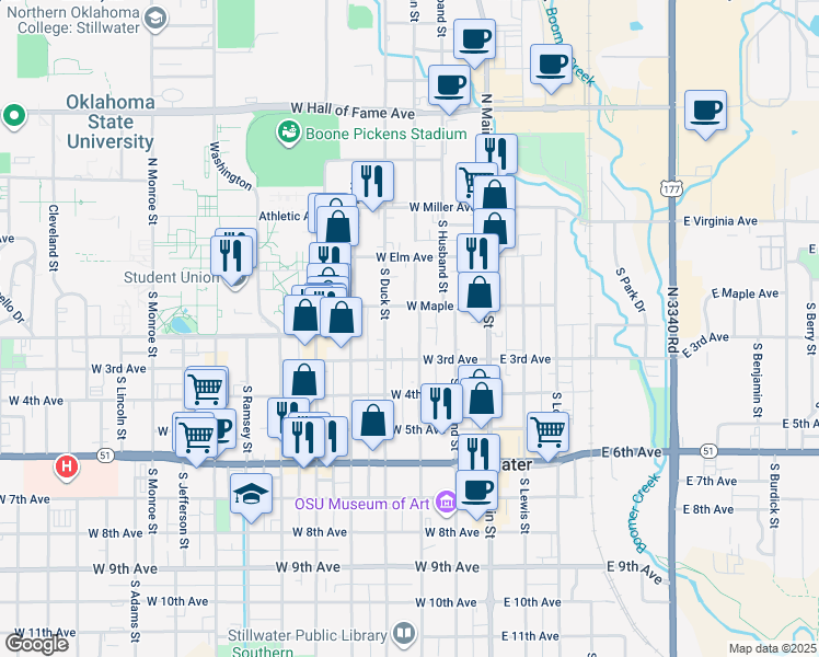 map of restaurants, bars, coffee shops, grocery stores, and more near 216 South Duncan Street in Stillwater