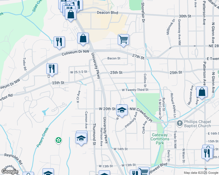 map of restaurants, bars, coffee shops, grocery stores, and more near 603 West 23rd Street in Winston-Salem
