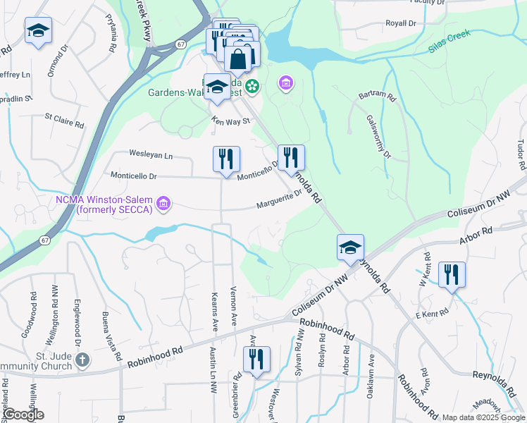 map of restaurants, bars, coffee shops, grocery stores, and more near 910 Marguerite Drive in Winston-Salem