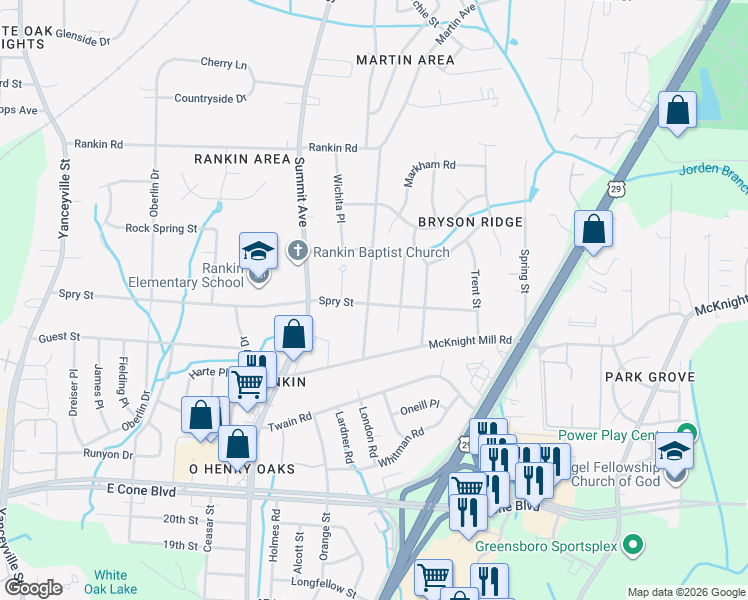 map of restaurants, bars, coffee shops, grocery stores, and more near 3300 Martin Avenue in Greensboro