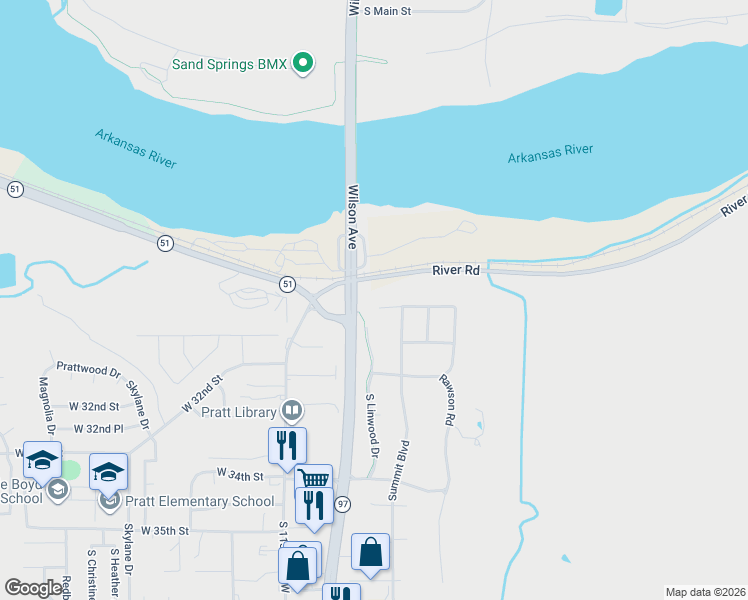 map of restaurants, bars, coffee shops, grocery stores, and more near 103 East Saddle Rock Road in Sand Springs