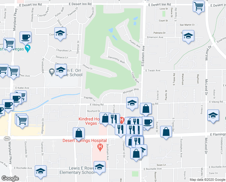 map of restaurants, bars, coffee shops, grocery stores, and more near 2136 Mohigan Way in Las Vegas