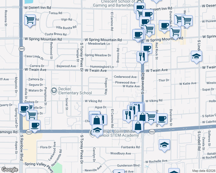 map of restaurants, bars, coffee shops, grocery stores, and more near 3800 Trogon Way in Las Vegas