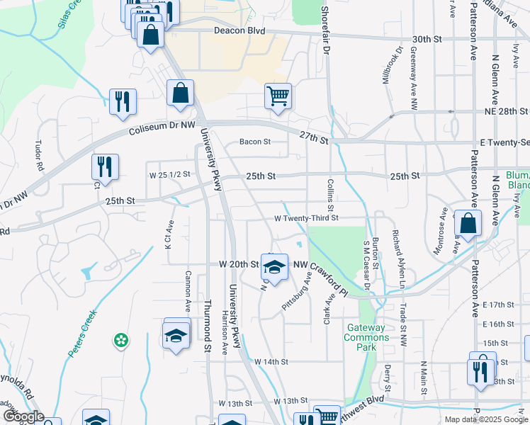 map of restaurants, bars, coffee shops, grocery stores, and more near 2303 Cherry Street in Winston-Salem