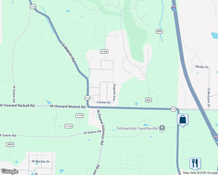 map of restaurants, bars, coffee shops, grocery stores, and more near 3736 North Lalique Lane in Fayetteville
