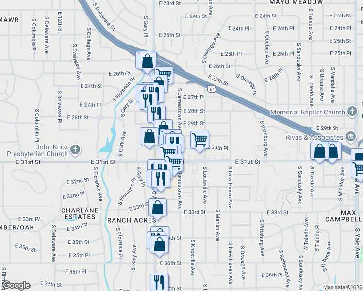 map of restaurants, bars, coffee shops, grocery stores, and more near 3503 East 30th Place in Tulsa