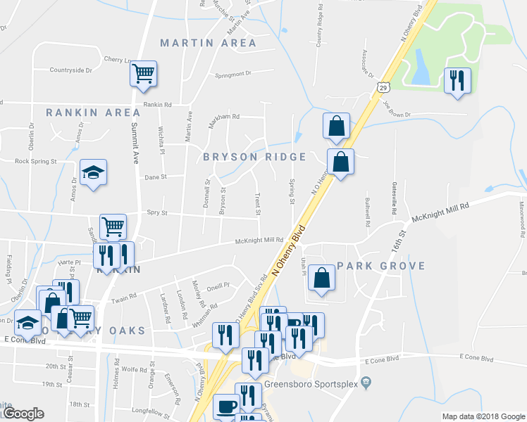 map of restaurants, bars, coffee shops, grocery stores, and more near 3214 Trent Street in Greensboro