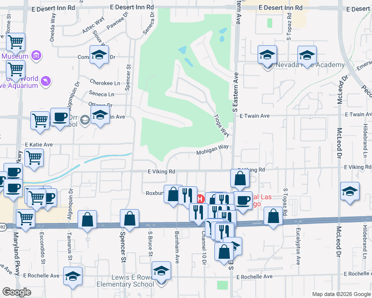 map of restaurants, bars, coffee shops, grocery stores, and more near 2136 Mohigan Way in Las Vegas