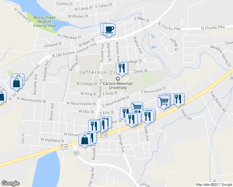 map of restaurants, bars, coffee shops, grocery stores, and more near 805 East King Street in Jefferson City