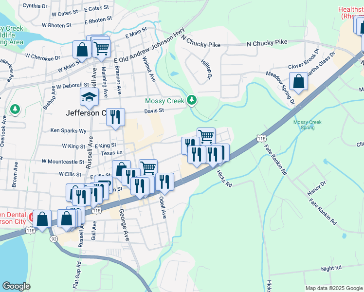 map of restaurants, bars, coffee shops, grocery stores, and more near 940 East Ellis Street in Jefferson City