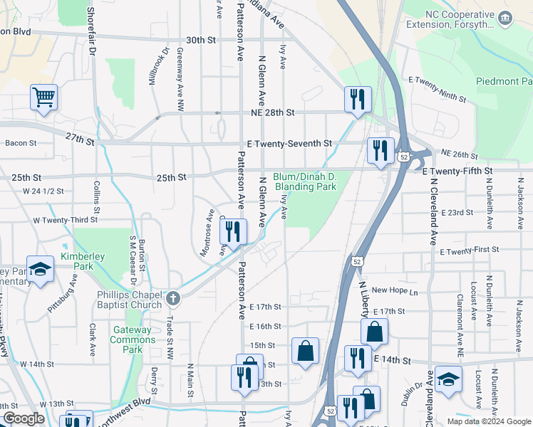 map of restaurants, bars, coffee shops, grocery stores, and more near 2313 Glenn Avenue Northeast in Winston-Salem