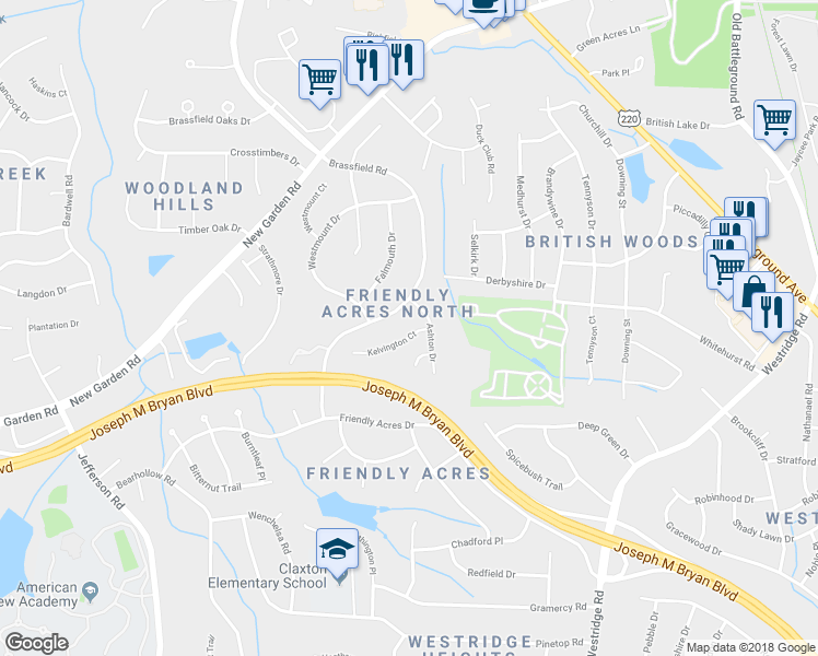 map of restaurants, bars, coffee shops, grocery stores, and more near 4 Kelvington Court in Greensboro