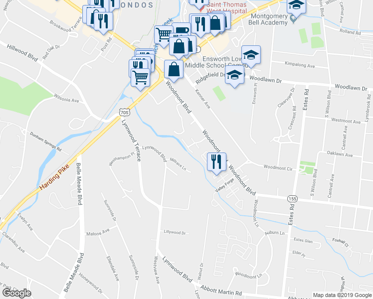 map of restaurants, bars, coffee shops, grocery stores, and more near 230 Westchase Drive in Nashville