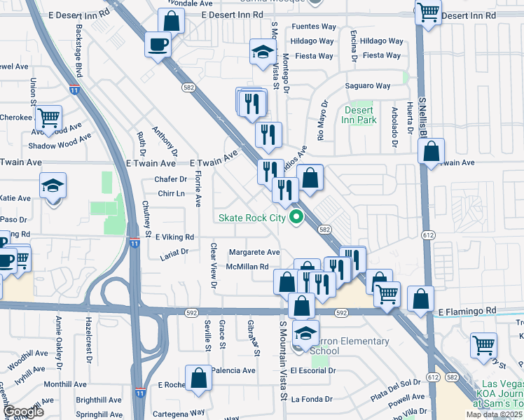 map of restaurants, bars, coffee shops, grocery stores, and more near 3850 South Mountain Vista Street in Las Vegas