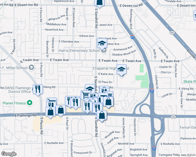 map of restaurants, bars, coffee shops, grocery stores, and more near 3834 South Sandhill Road in Las Vegas