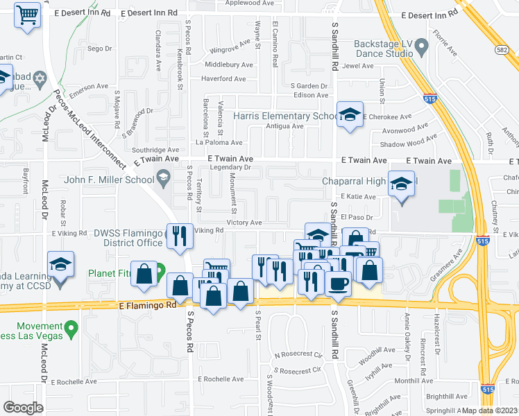 map of restaurants, bars, coffee shops, grocery stores, and more near 3828 Cavalry Street in Las Vegas