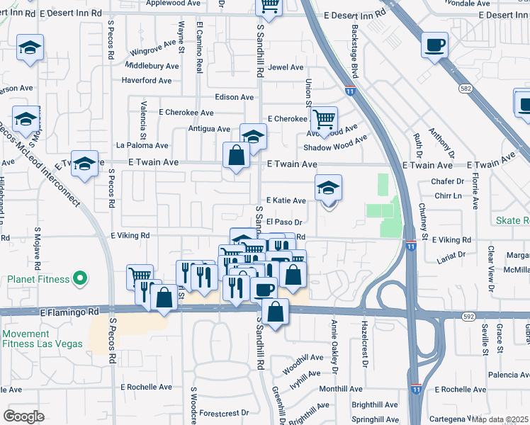 map of restaurants, bars, coffee shops, grocery stores, and more near 3834 South Sandhill Road in Las Vegas