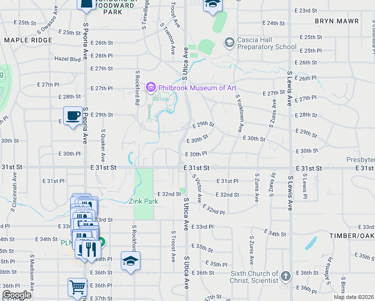 map of restaurants, bars, coffee shops, grocery stores, and more near 1715 East 30th Place in Tulsa