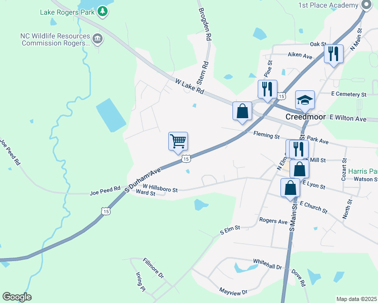 map of restaurants, bars, coffee shops, grocery stores, and more near 205 North Durham Avenue in Creedmoor