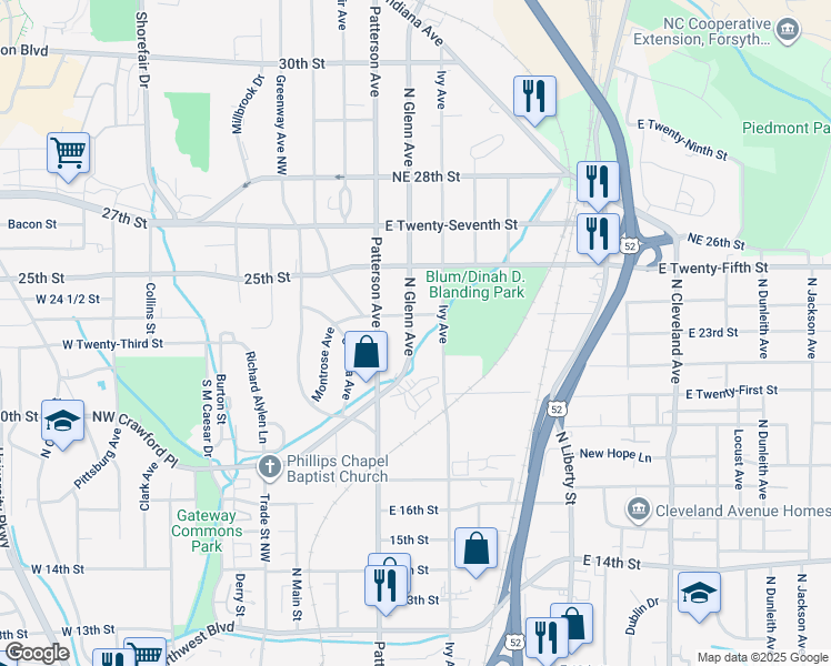 map of restaurants, bars, coffee shops, grocery stores, and more near 2313 Glenn Avenue Northeast in Winston-Salem