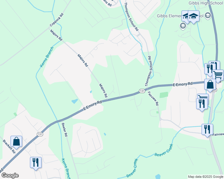 map of restaurants, bars, coffee shops, grocery stores, and more near 7121 Majors Landing Lane in Corryton