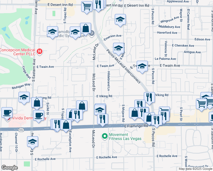 map of restaurants, bars, coffee shops, grocery stores, and more near 3841 Hildebrand Lane in Las Vegas