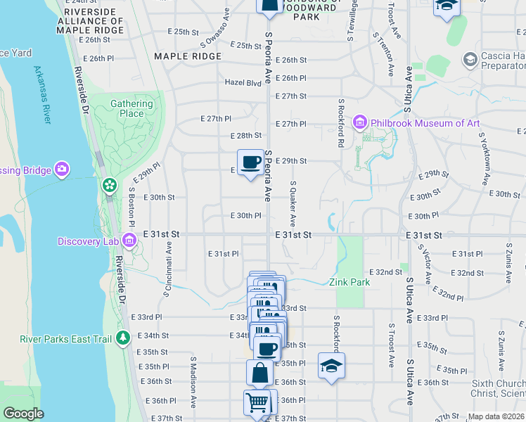 map of restaurants, bars, coffee shops, grocery stores, and more near 1257 East 30th Place in Tulsa