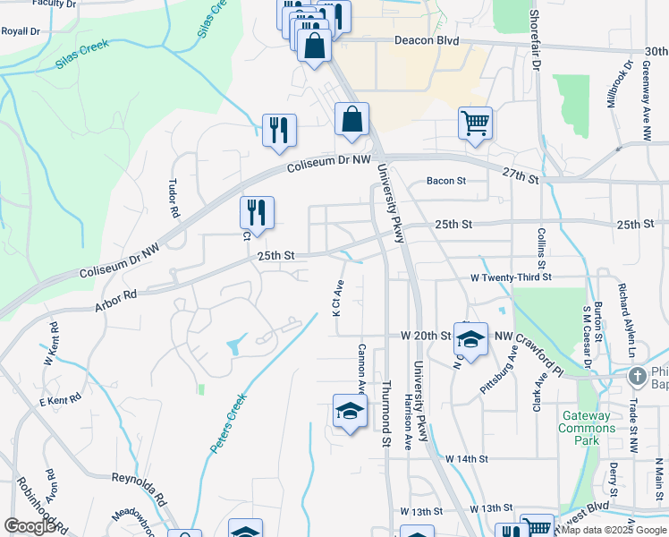 map of restaurants, bars, coffee shops, grocery stores, and more near 2312 K Court Avenue in Winston-Salem