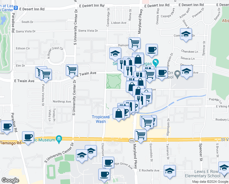 map of restaurants, bars, coffee shops, grocery stores, and more near 3823 Maryland Parkway in Las Vegas