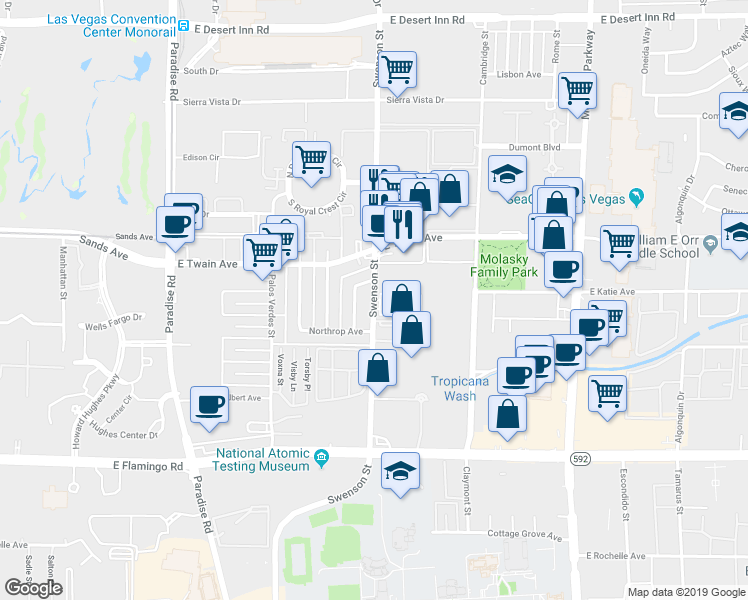 map of restaurants, bars, coffee shops, grocery stores, and more near 3830 South University Center Drive in Las Vegas