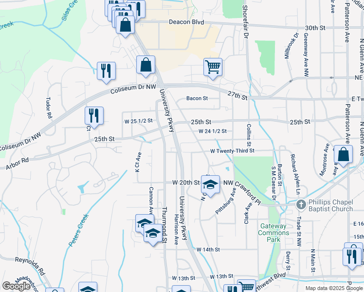 map of restaurants, bars, coffee shops, grocery stores, and more near 603 West 23rd Street in Winston-Salem