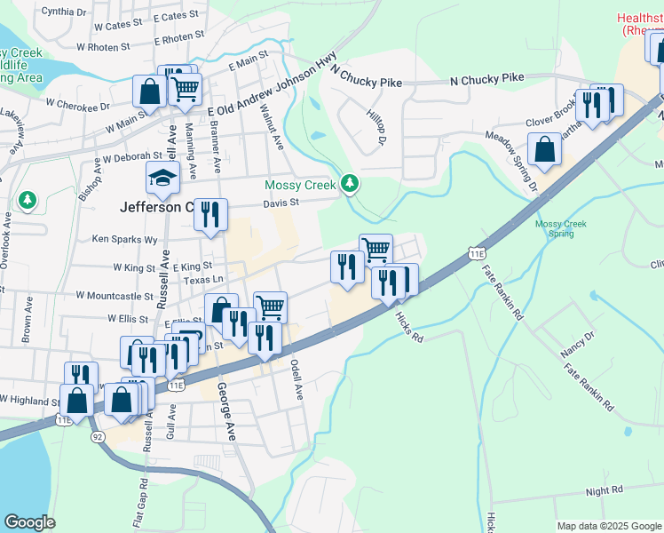 map of restaurants, bars, coffee shops, grocery stores, and more near 940 East Ellis Street in Jefferson City