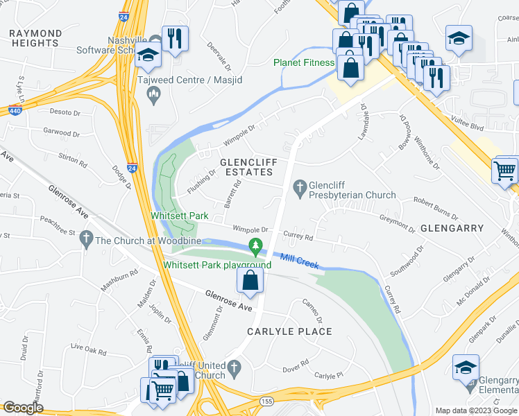 map of restaurants, bars, coffee shops, grocery stores, and more near 421 East Thompson Lane in Nashville