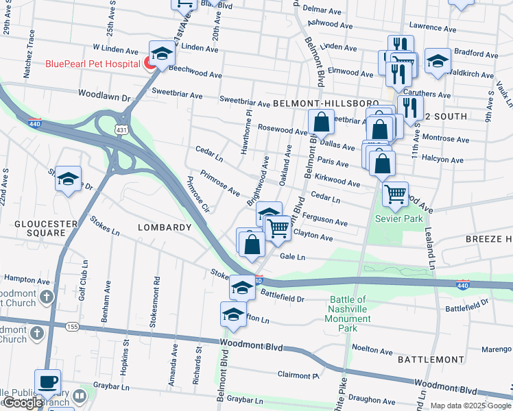 map of restaurants, bars, coffee shops, grocery stores, and more near 1703 Primrose Avenue in Nashville