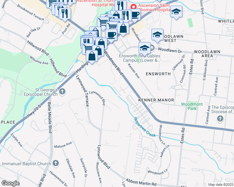 map of restaurants, bars, coffee shops, grocery stores, and more near 230 Westchase Drive in Nashville