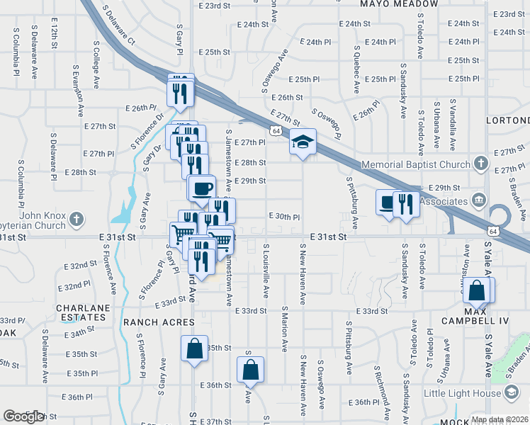 map of restaurants, bars, coffee shops, grocery stores, and more near 3709 East 30th Place in Tulsa
