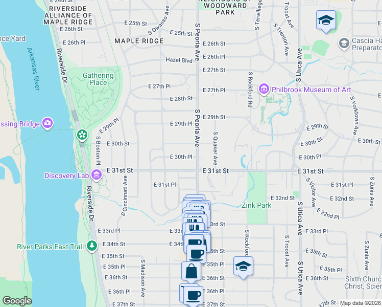 map of restaurants, bars, coffee shops, grocery stores, and more near 1257 East 30th Place in Tulsa