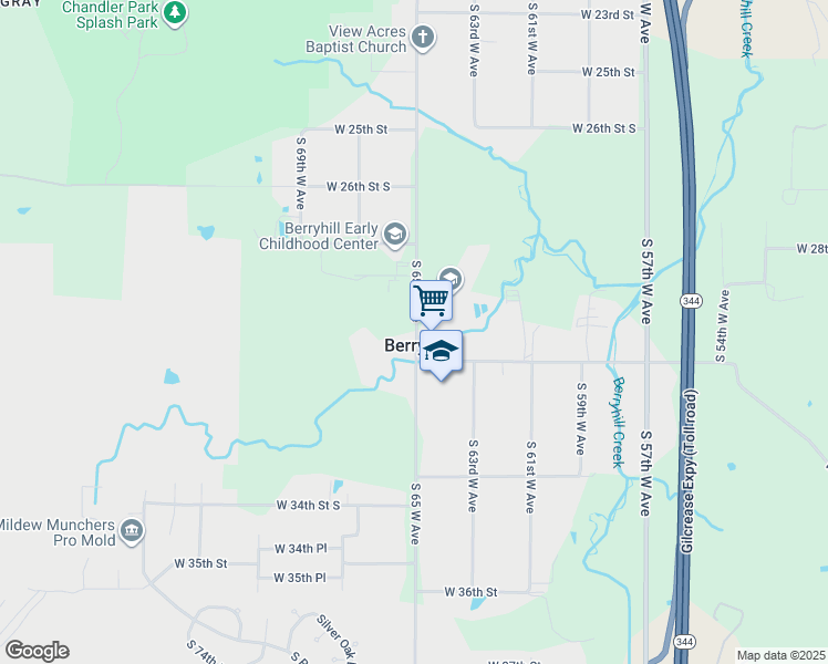 map of restaurants, bars, coffee shops, grocery stores, and more near 2900-3102 South 65th West Avenue in Tulsa