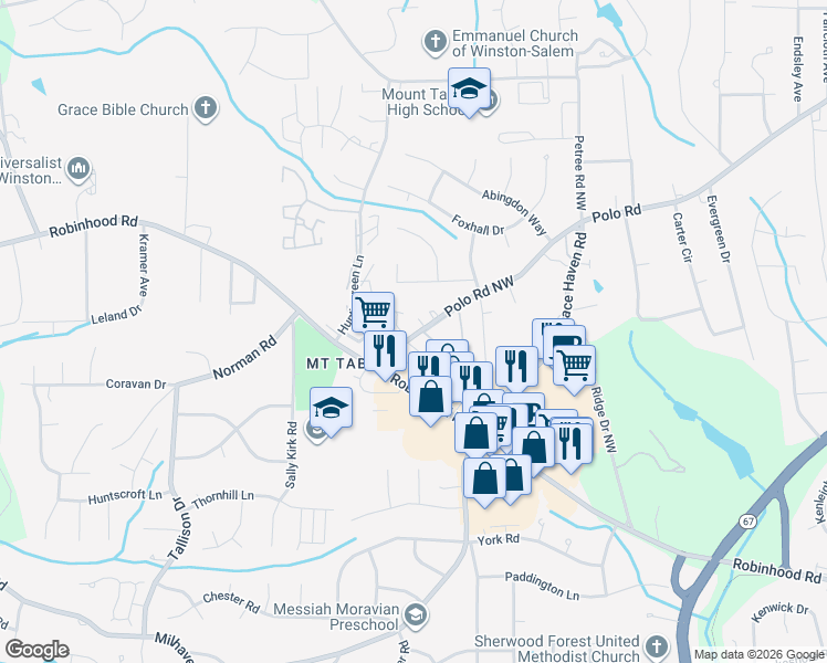 map of restaurants, bars, coffee shops, grocery stores, and more near 3501 Beacon Hill Drive Northwest in Winston-Salem