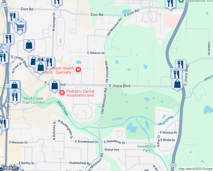 map of restaurants, bars, coffee shops, grocery stores, and more near 3800 Old Missouri Road in Fayetteville