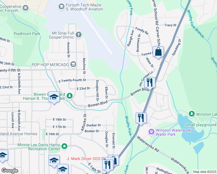 map of restaurants, bars, coffee shops, grocery stores, and more near 2219 Elbon Drive in Winston-Salem
