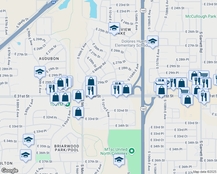 map of restaurants, bars, coffee shops, grocery stores, and more near 3016 South 101st East Avenue in Tulsa