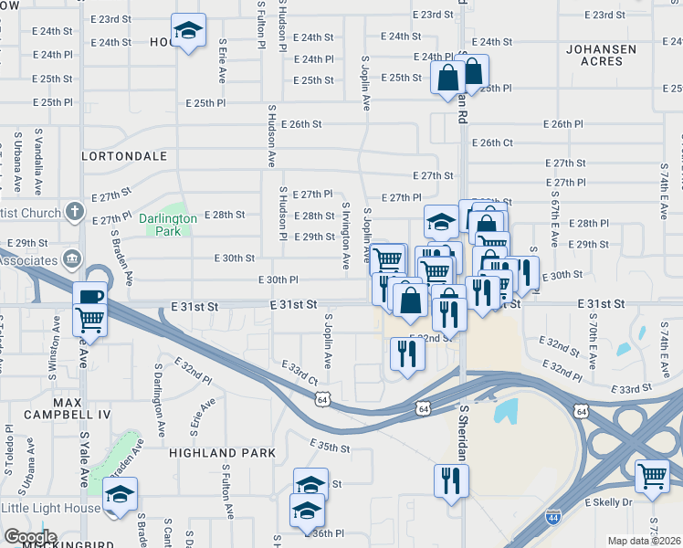 map of restaurants, bars, coffee shops, grocery stores, and more near 5775 East 30th Place in Tulsa