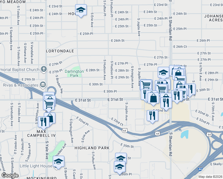 map of restaurants, bars, coffee shops, grocery stores, and more near 5709 East 30th Place in Tulsa